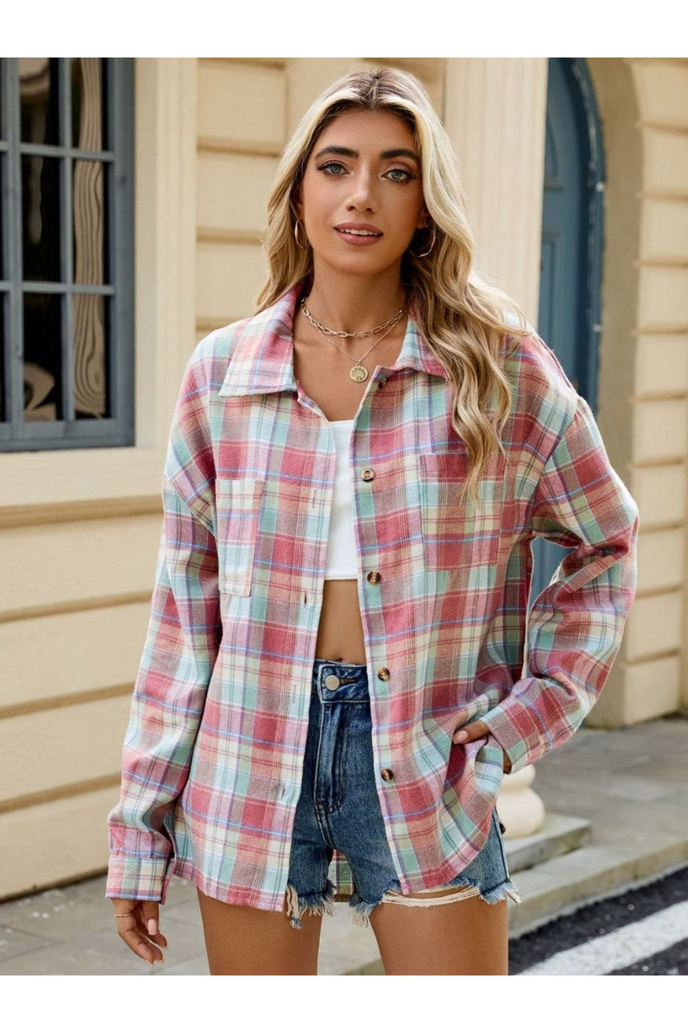 Plaid Collared Neck Long Sleeve Shirt - Shirts - FITGGINS