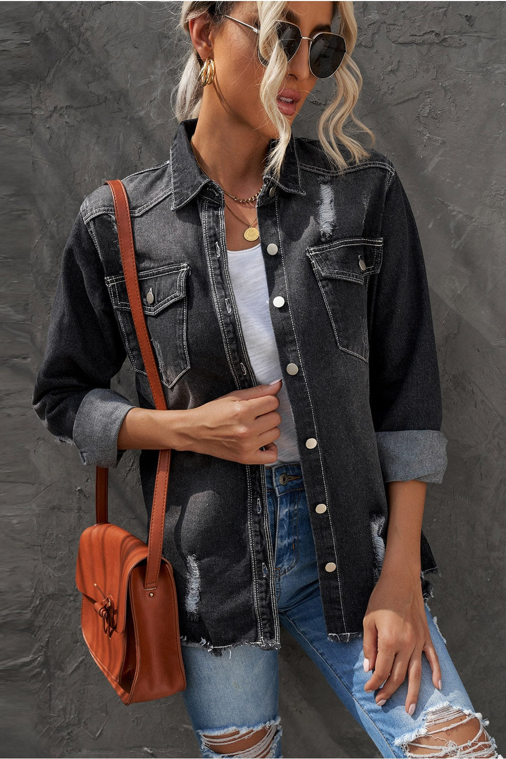 Distressed Button Up Raw Hem Denim Jacket - Denim Jackets - FITGGINS