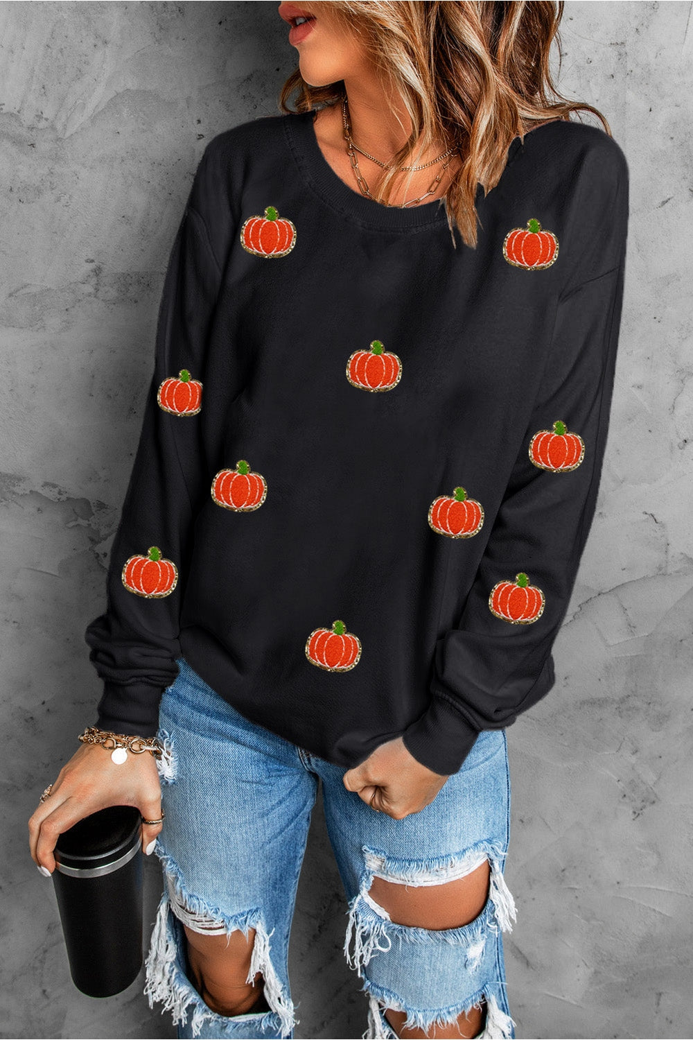 Pumpkin Round Neck Long Sleeve Sweatshirt - Sweatshirts & Hoodies - FITGGINS