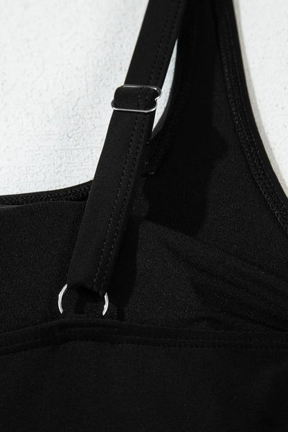 Side Tied Waist Square Neck Adjustable Straps A-line One Piece Swim Dress Fitggins