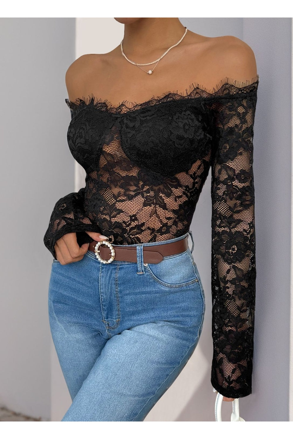 Perfee Lace Off-Shoulder Long Sleeve Bodysuit - Bodysuit - FITGGINS