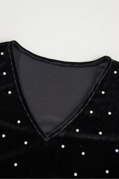 Pearl Detail Velvet V-Neck Long Sleeve Bodysuit - Bodysuit - FITGGINS