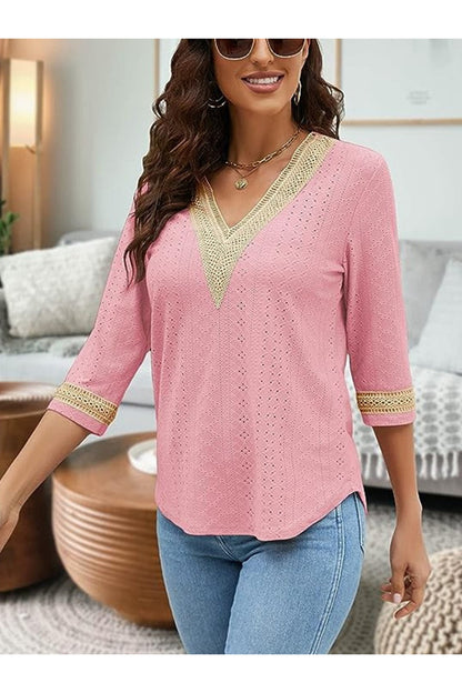 V-Neck Eyelet Blouse - Blouses - FITGGINS