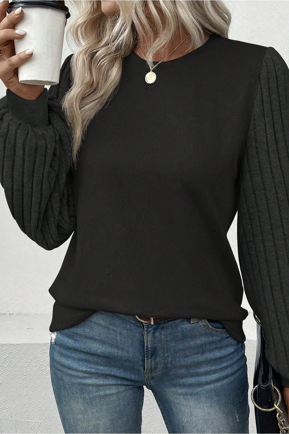 Ribbed Round Neck Long Sleeve Knit Top - Blouses - FITGGINS