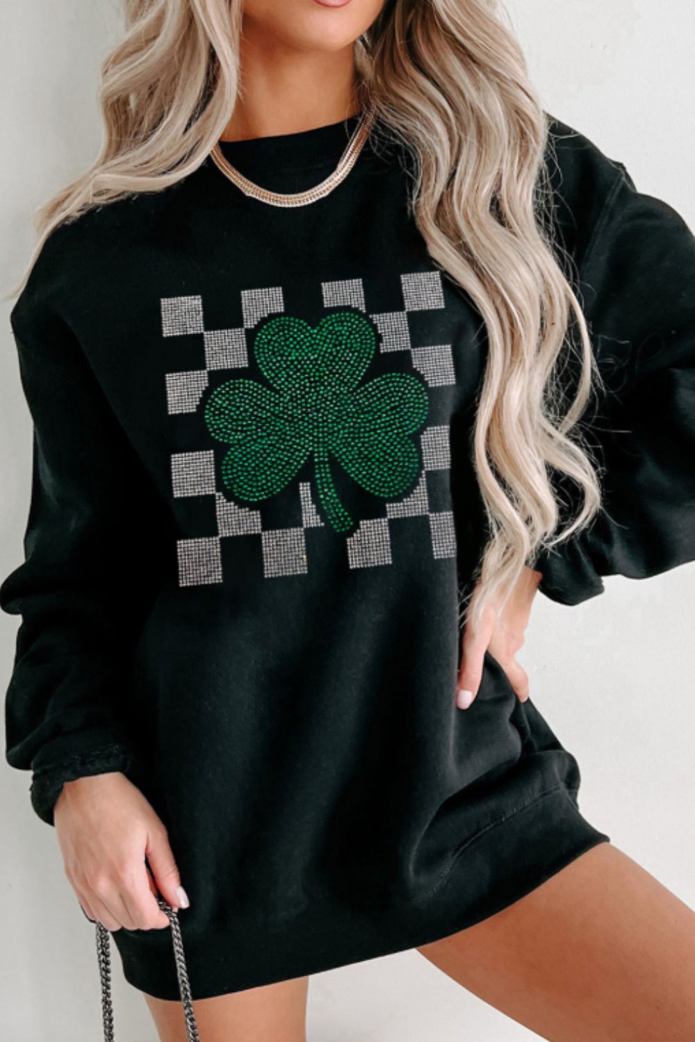 Rhinestone Checkered Lucky Clover Round Neck Sweatshirt - Sweatshirts & Hoodies - FITGGINS