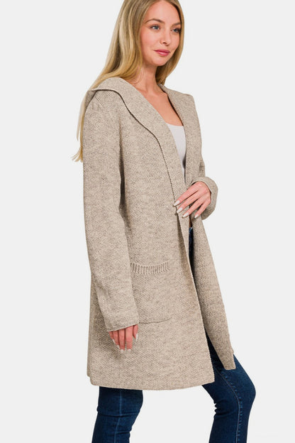 Zenana Hooded Open Front Sweater Cardigan - Cardigans - FITGGINS