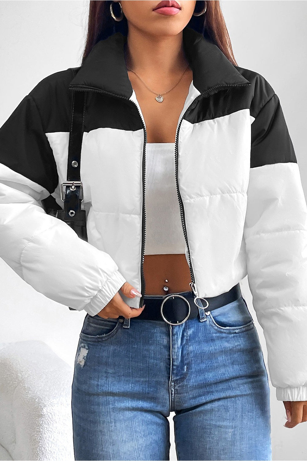 Collared Neck Color Block Puffer Jacket - Jackets - FITGGINS