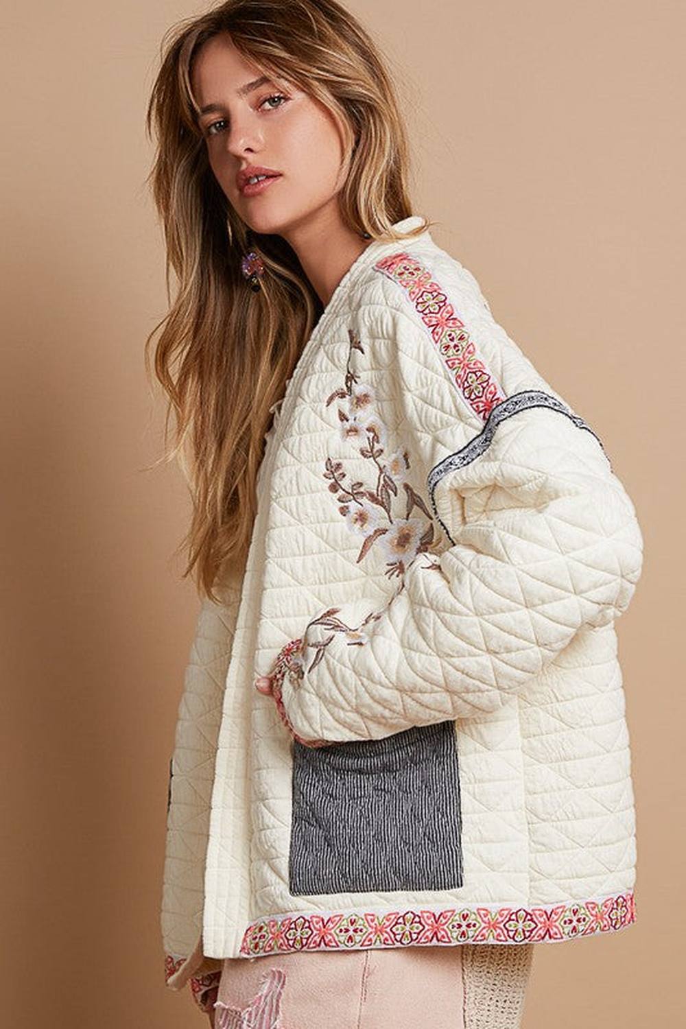 POL Embroidered Open Front Long Sleeve Jacket - Jackets - FITGGINS