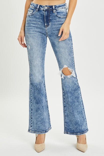 RISEN Full Size High Rise Distressed Flare Jeans - Jeans - FITGGINS