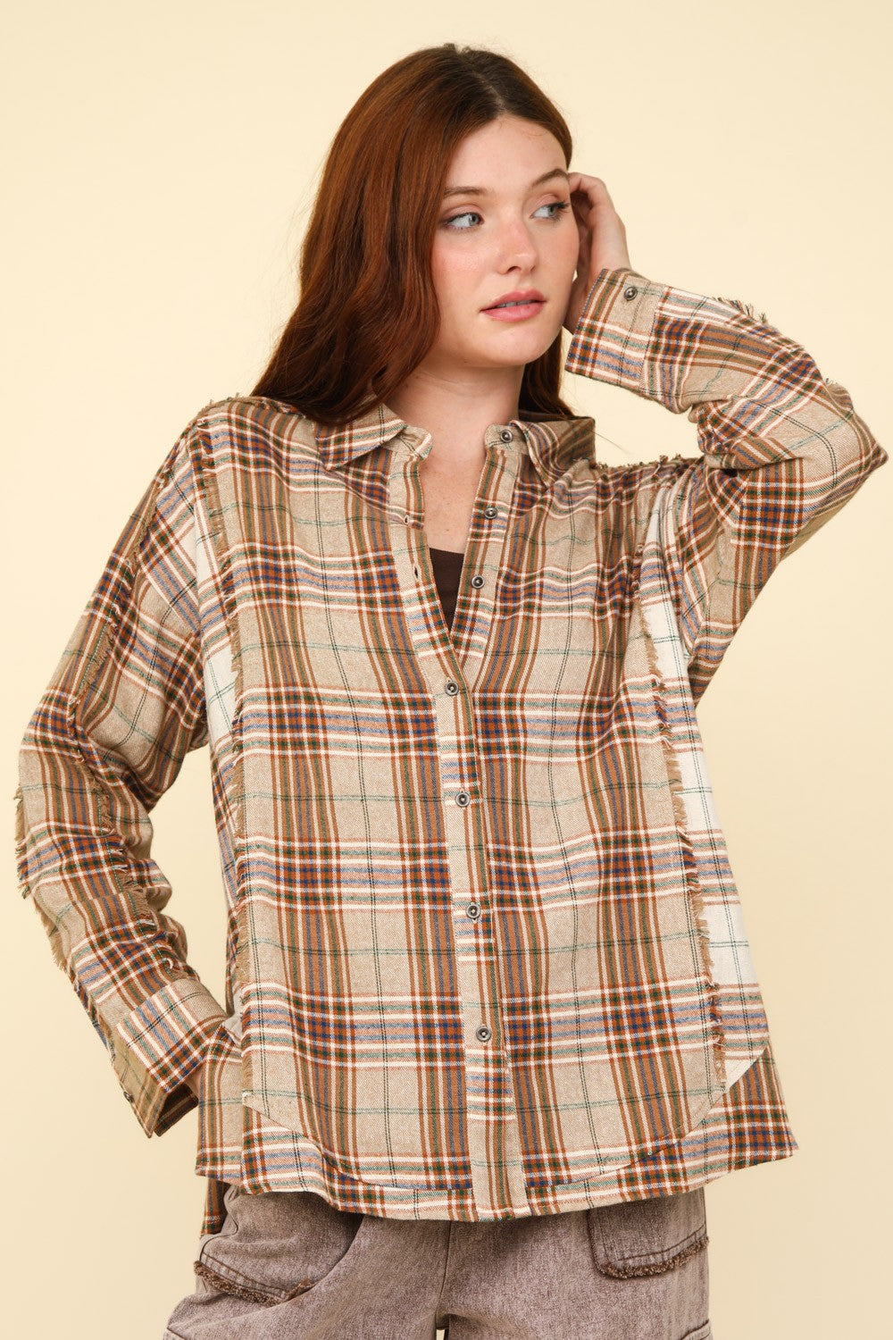 VERY J Contrast Plaid Raw Detail Shirt - Shirts - FITGGINS