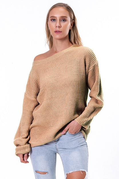Boat Neck Drop Shoulder Long Sleeve Sweater Tan Fitggins
