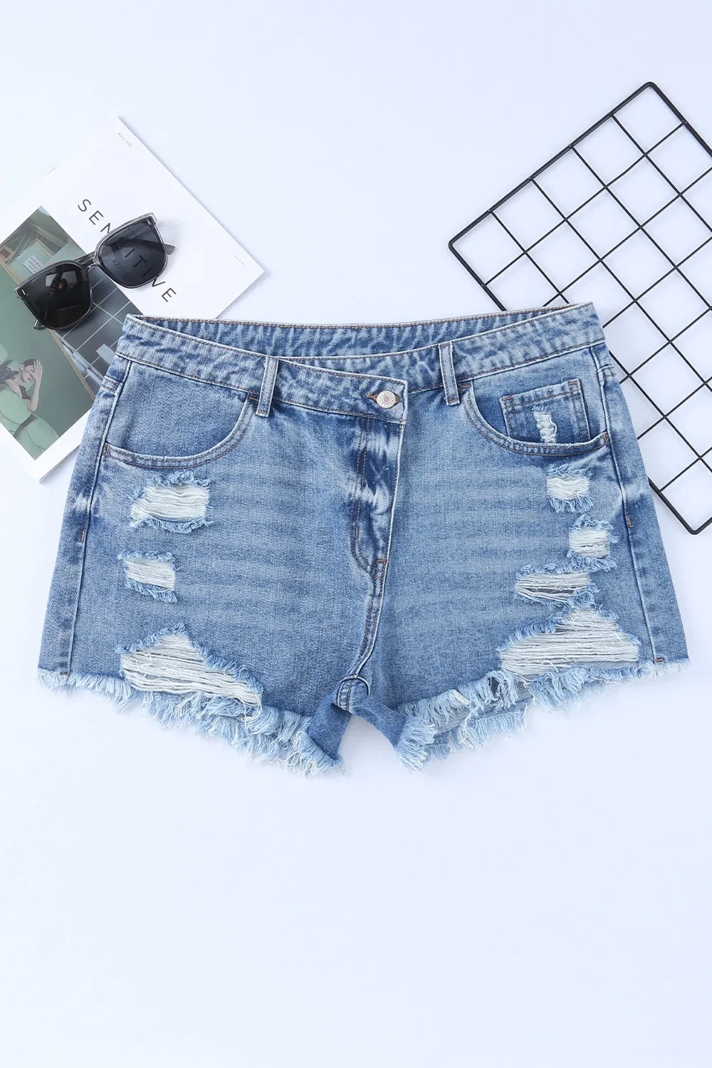 High Rise Crossover Waist Denim Shorts Fitggins