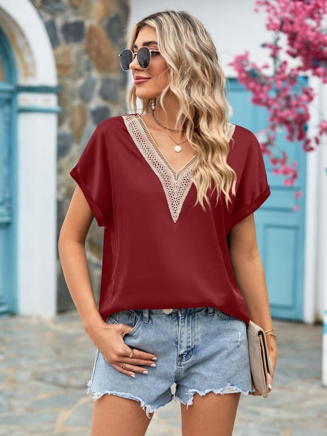 Mandy V-Neck Cuffed Blouse Burgundy Fitggins