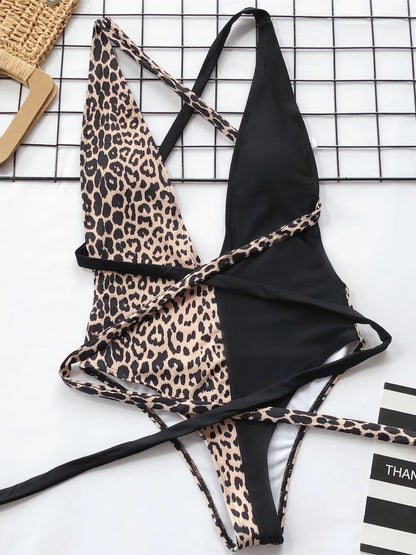 Tied Leopard Plunge One-Piece Swimsuit Fitggins