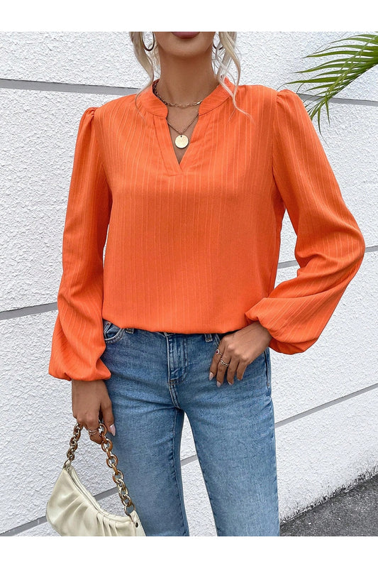 Notched Balloon Sleeve Blouse - Blouses - FITGGINS