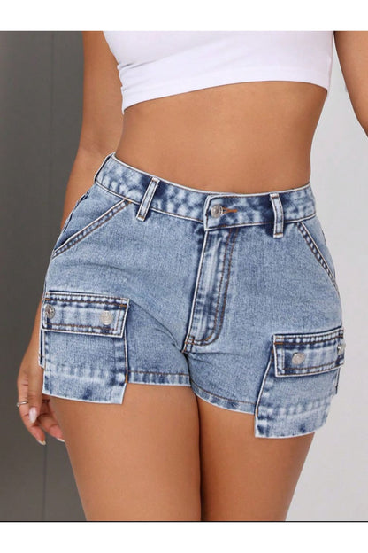 Mid-Rise Waist Denim Shorts with Pockets - Denim Shorts - FITGGINS