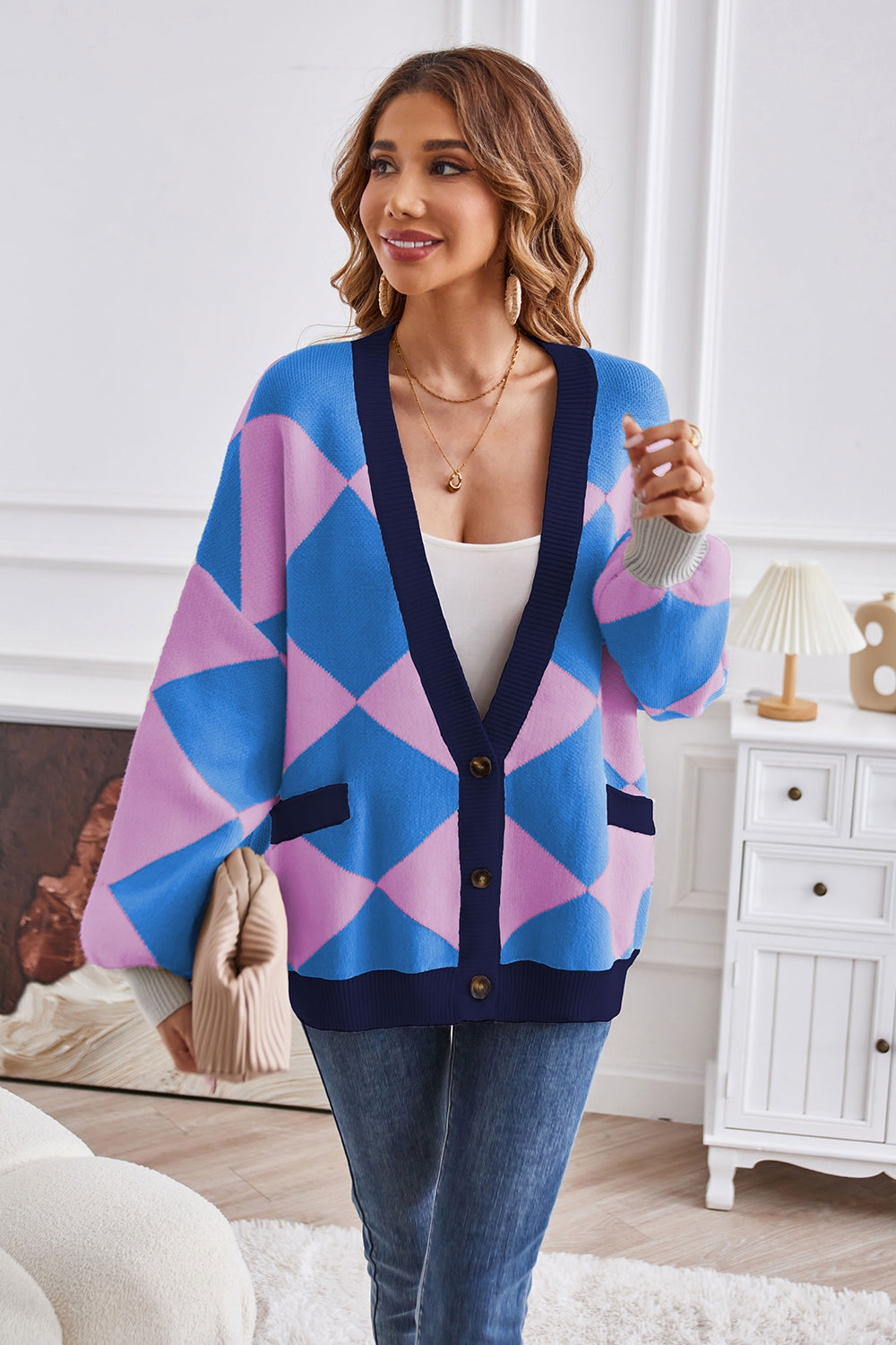 Geometric Lantern Sleeve Cardigan with Pockets Fitggins