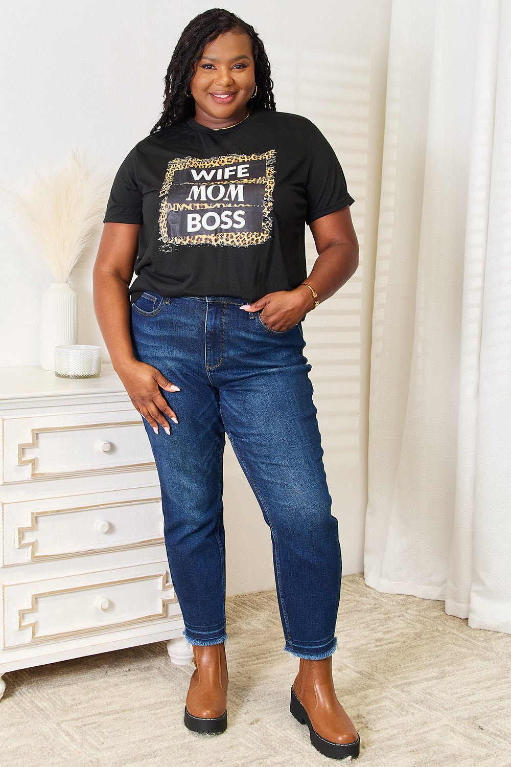 Simply Love WIFE MOM BOSS Leopard Graphic T-Shirt - T-Shirts - FITGGINS