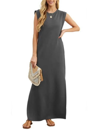Full Size Slit Round Neck Sleeveless Maxi Tank Dress Plus Size Fitggins