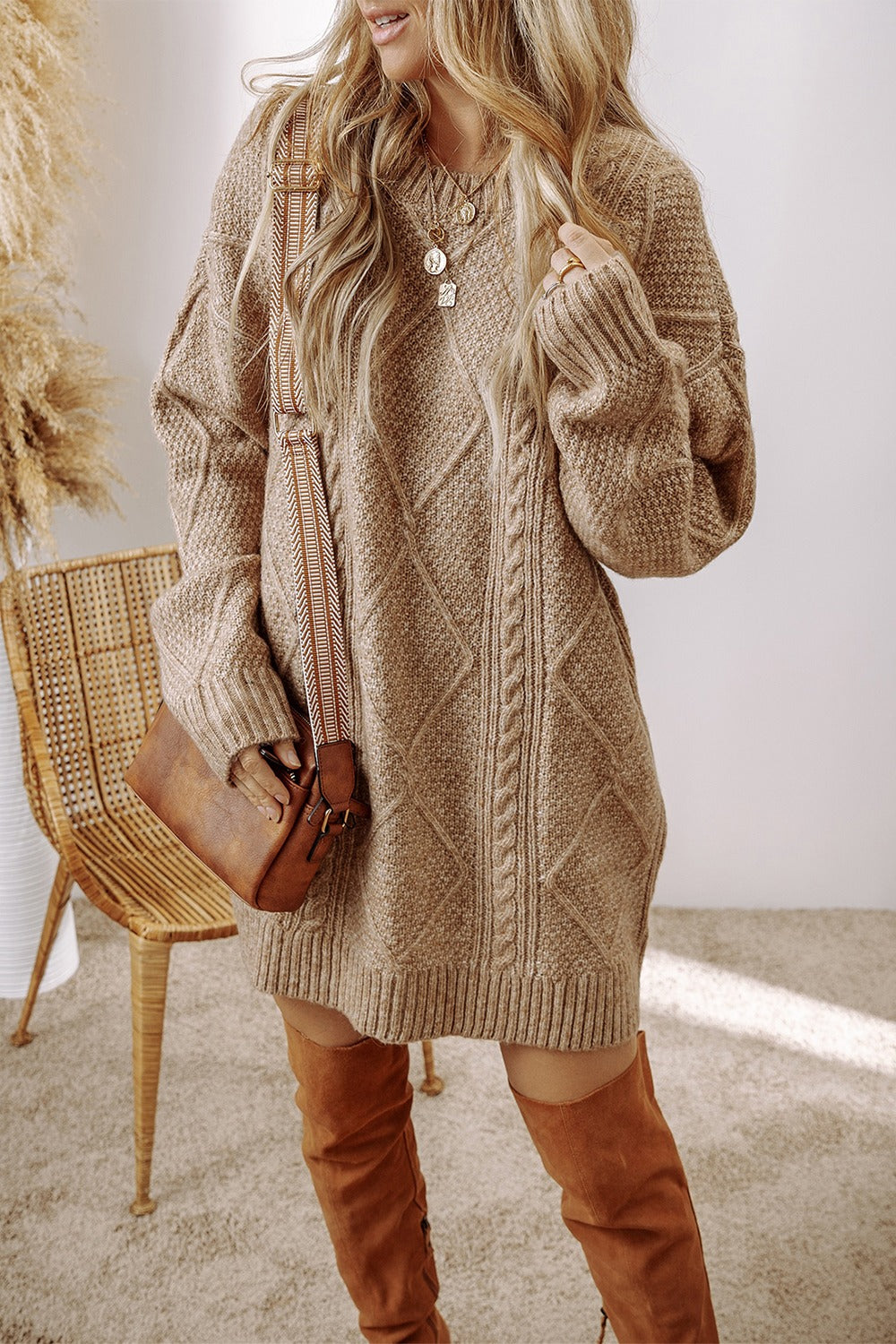 Cable-Knit Round Neck Sweater Dress - Sweater Dresses - FITGGINS