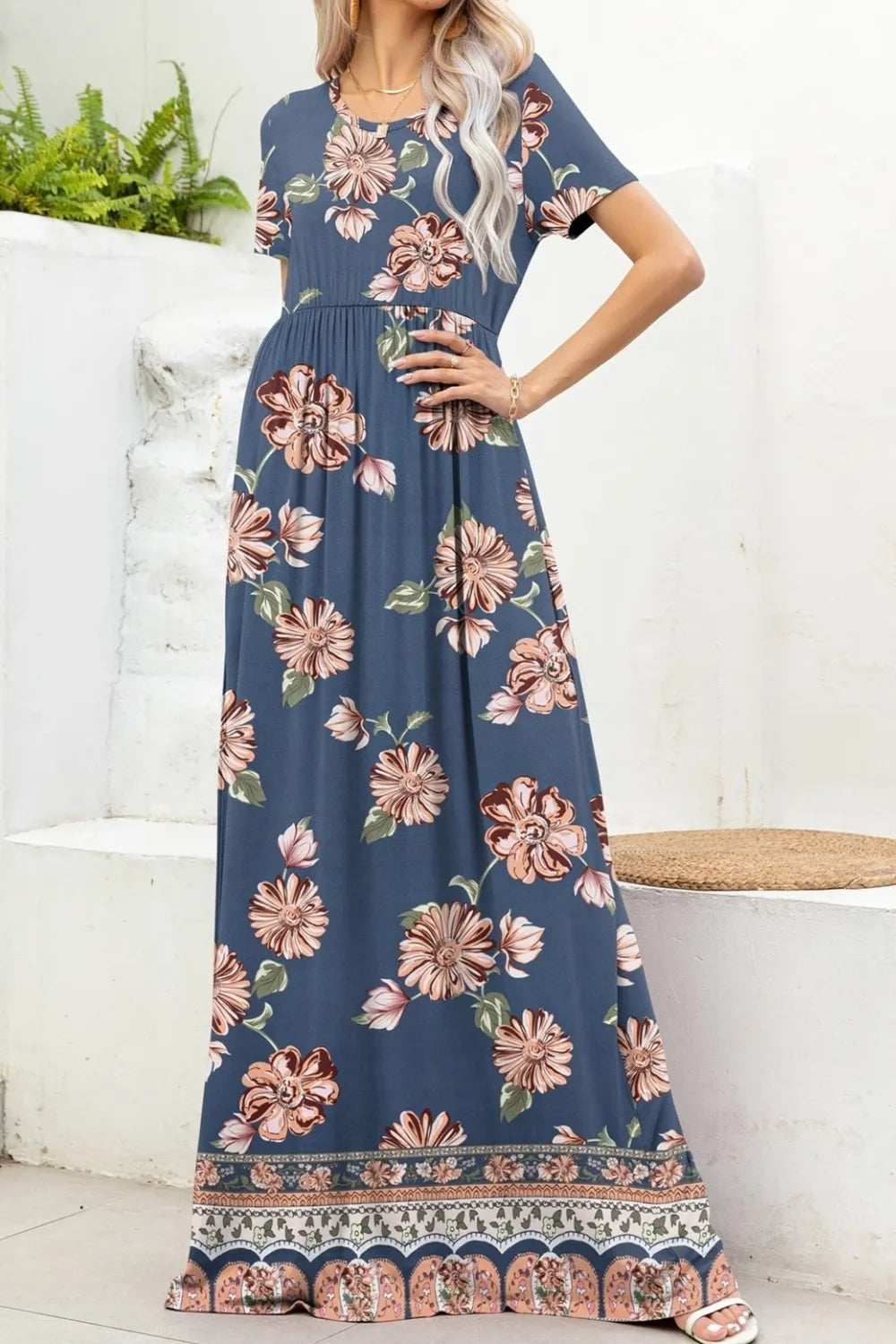 Printed Round Neck Short Sleeve Maxi Dress Fitggins