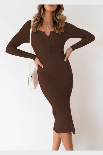 Slit Notched Long Sleeve Midi Dress - Casual & Maxi Dresses - FITGGINS