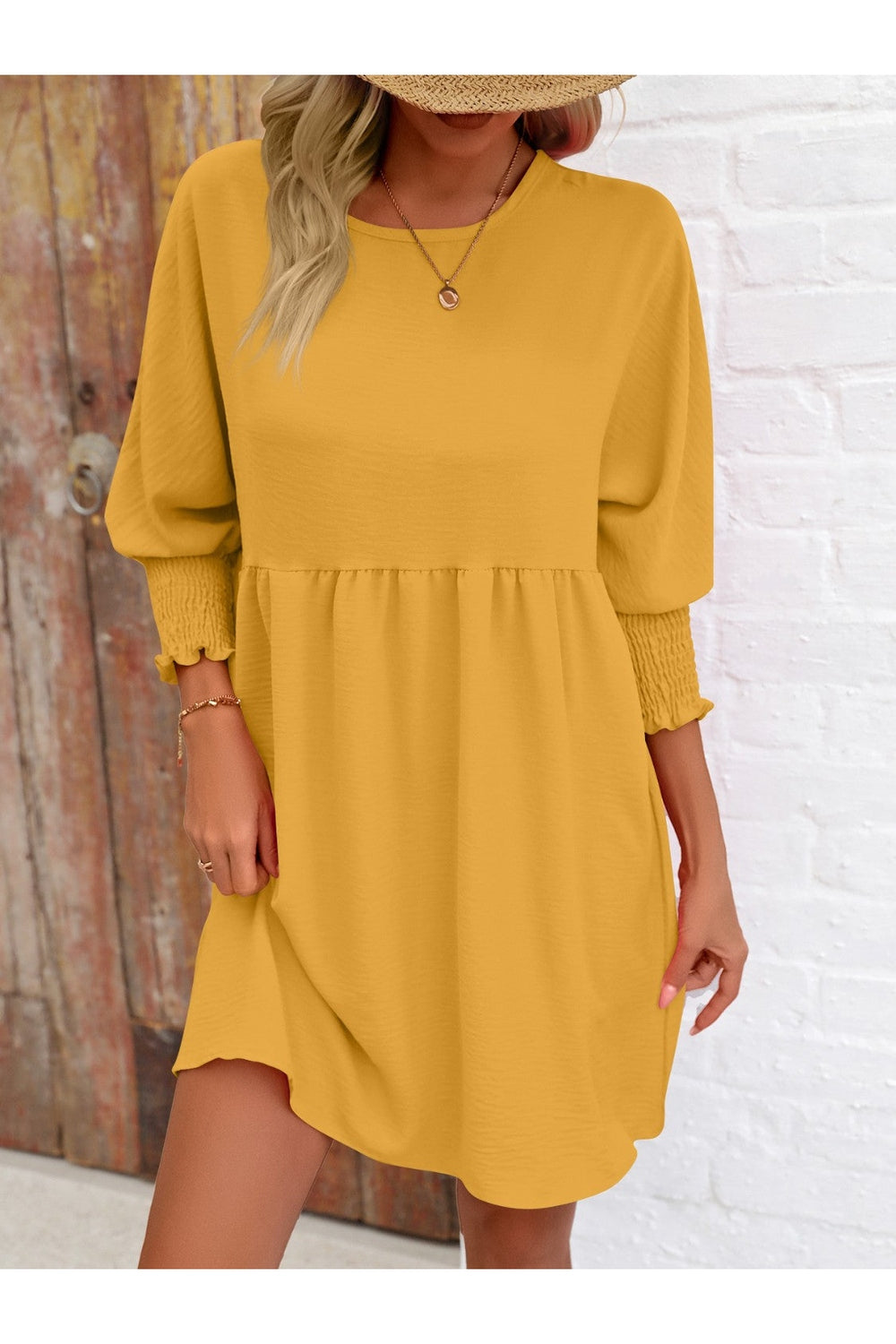 Round Neck Lantern Sleeve Mini Dress - Casual & Maxi Dresses - FITGGINS