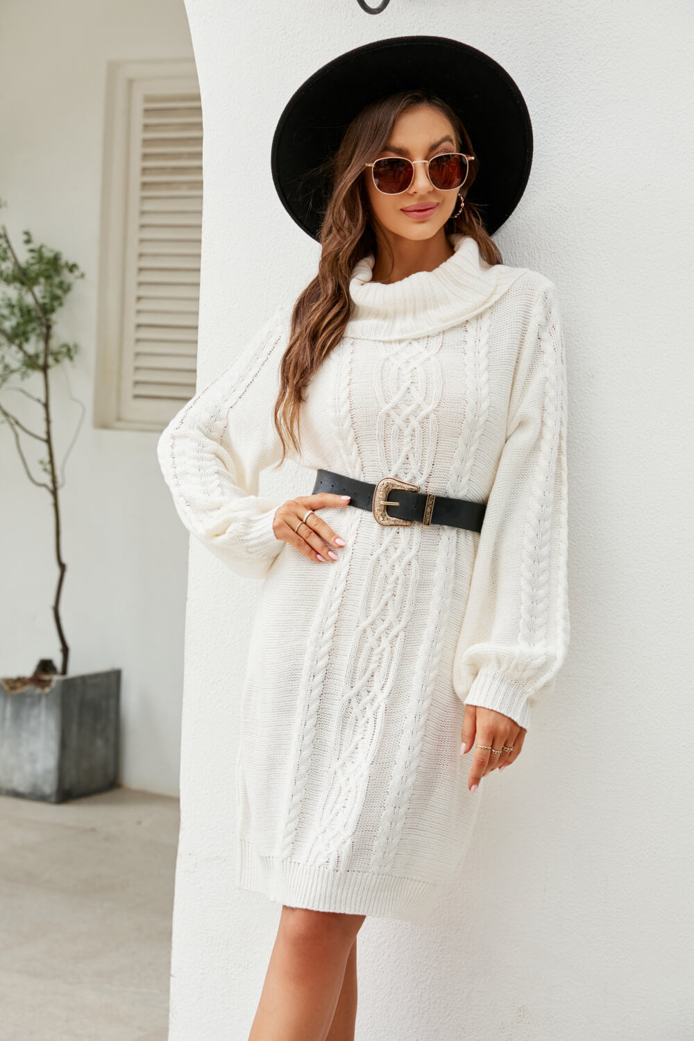 Woven Right Mixed Knit Turtleneck Lantern Sleeve Sweater Dress - Sweater Dresses - FITGGINS