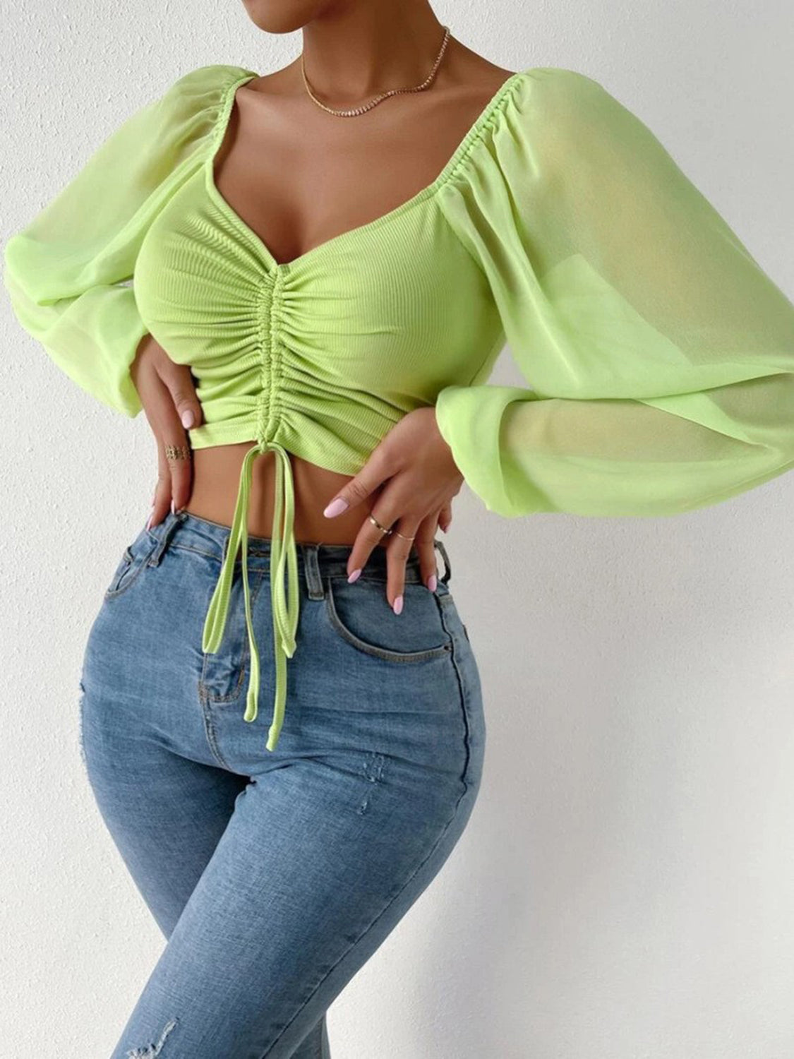 Drawstring Sweetheart Neck Cropped Top Lime Fitggins