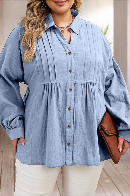 Plus Size High-Low Button Up Dropped Shoulder Shirt - Shirts - FITGGINS