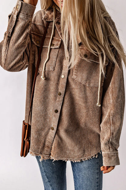 Snap Front Hooded Corduroy Shacket Taupe Fitggins