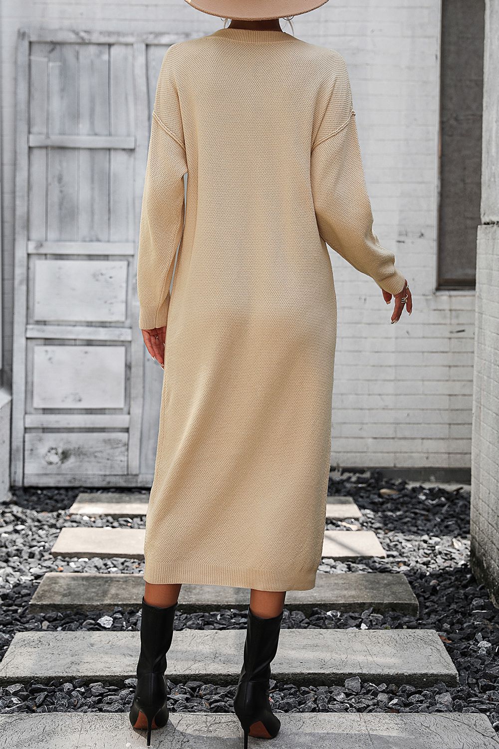 Decorative Button Notched Dropped Shoulder Sweater Dress - Sweater Dresses - FITGGINS