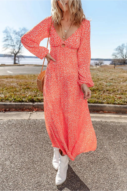 Printed V-Neck Long Sleeve Midi Dress - Casual & Maxi Dresses - FITGGINS