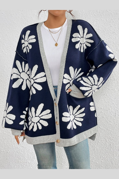 Contrast Dropped Shoulder Long Sleeve Cardigan - Cardigans - FITGGINS