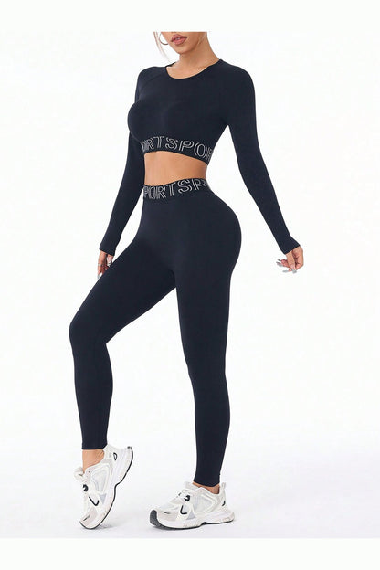 Letter Print Round Neck Long Sleeve Top and Leggings Active Set - Active Set - FITGGINS