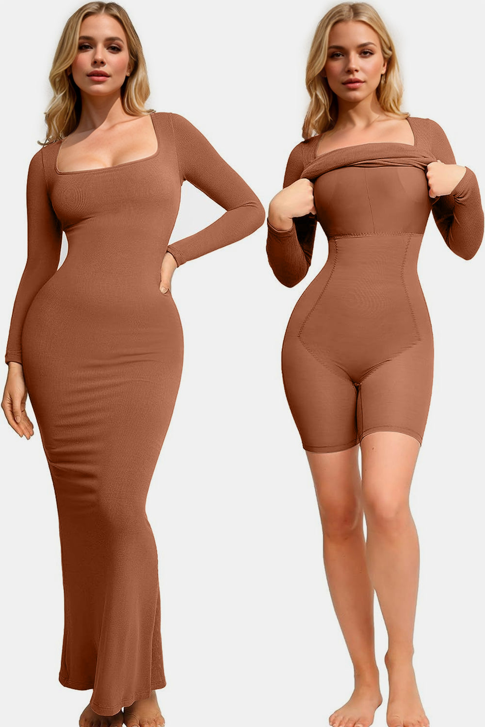 Basic Bae Built-In Shapewear Square Neck Long Sleeve Maxi Dress - Shapewear - FITGGINS