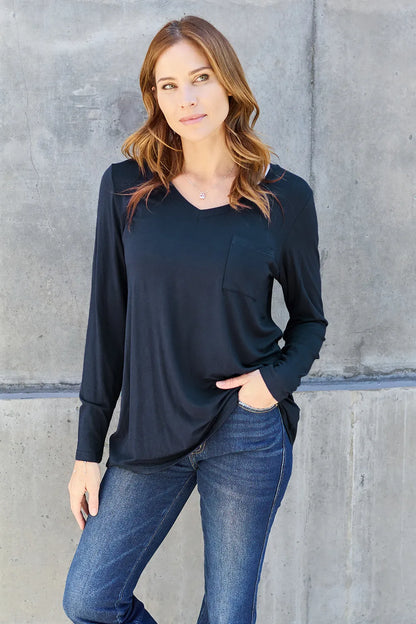 Basic Bae Full Size V-Neck Long Sleeve Top Dark Blue Fitggins