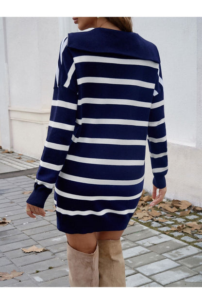 Devine Quarter Zip Striped Long Sleeve Sweater Dress - Sweater Dresses - FITGGINS