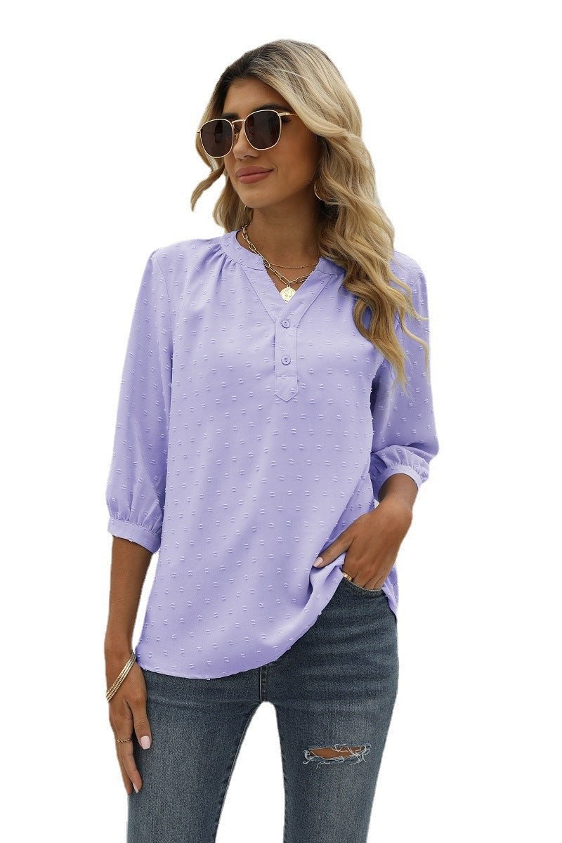 Swiss Dot Notched Neck Three-Quarter Sleeve Blouse Fitggins