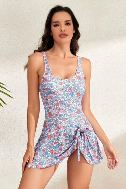 Drawstring Scoop Neck Wide Strap One-Piece Swimwear Floral Fitggins