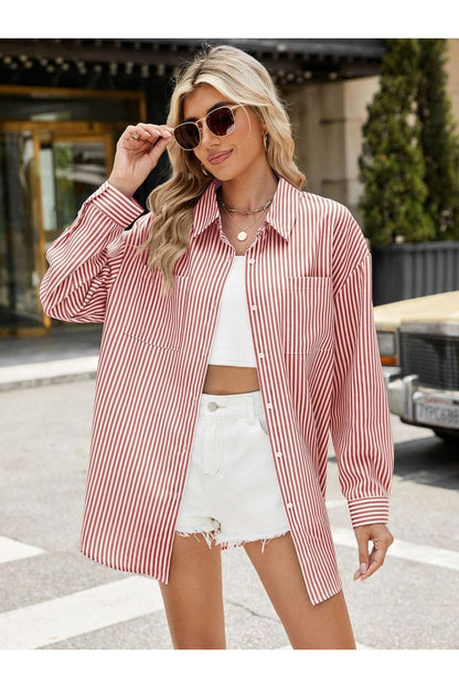 Pocketed Striped Collared Neck Long Sleeve Shirt - Shirts - FITGGINS