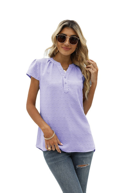 Swiss Dot Notched Neck Short Sleeve Top Fitggins