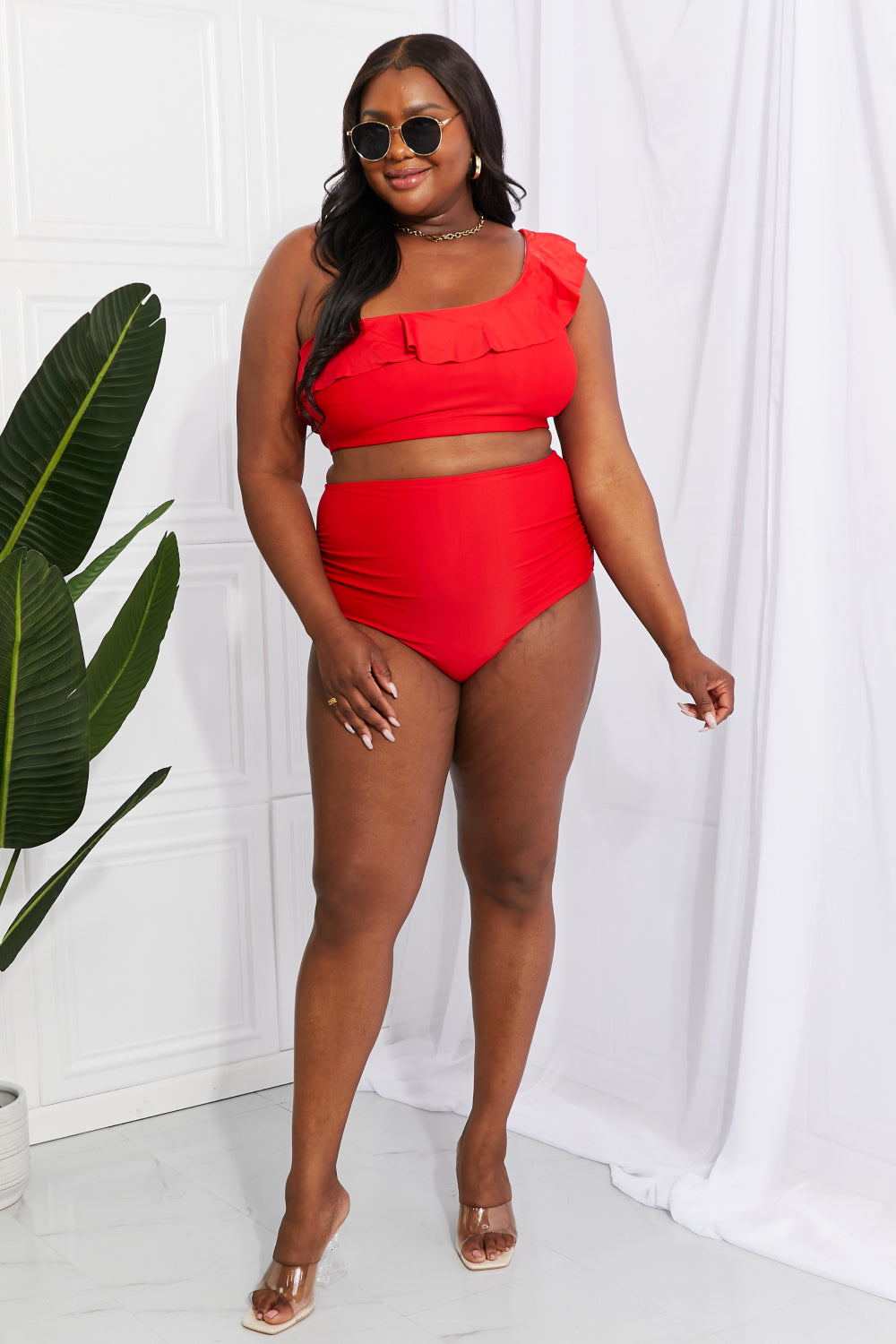 Marina West Swim Seaside Romance Ruffle One-Shoulder Bikini in Red - Bikinis & Tankinis - FITGGINS