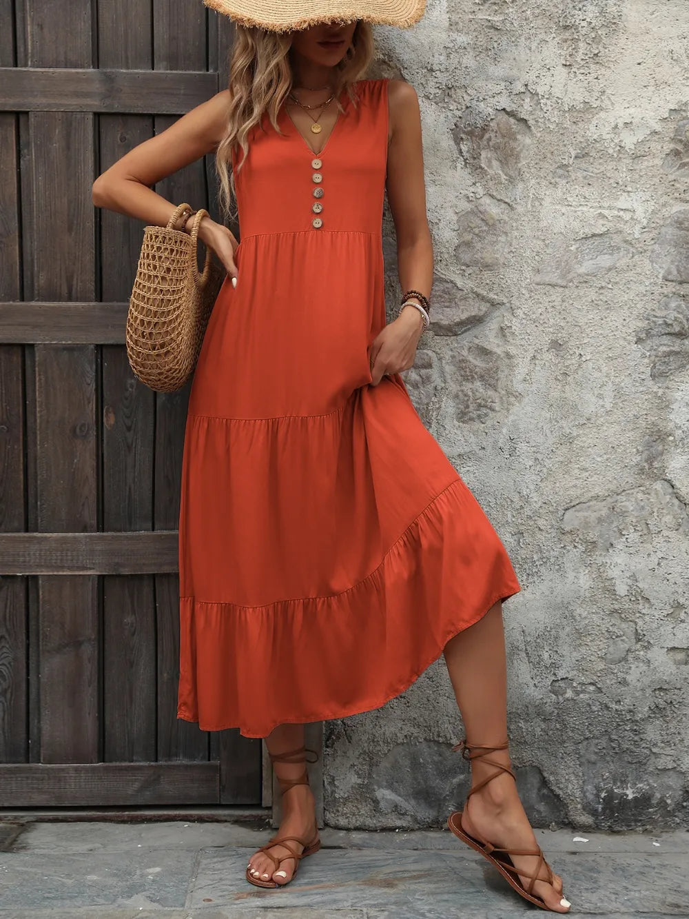 Ivy Lane Decorative Button Notched Sleeveless Dress Orange-Red Fitggins