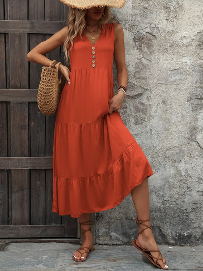 Ivy Lane Decorative Button Notched Sleeveless Dress Orange-Red Fitggins