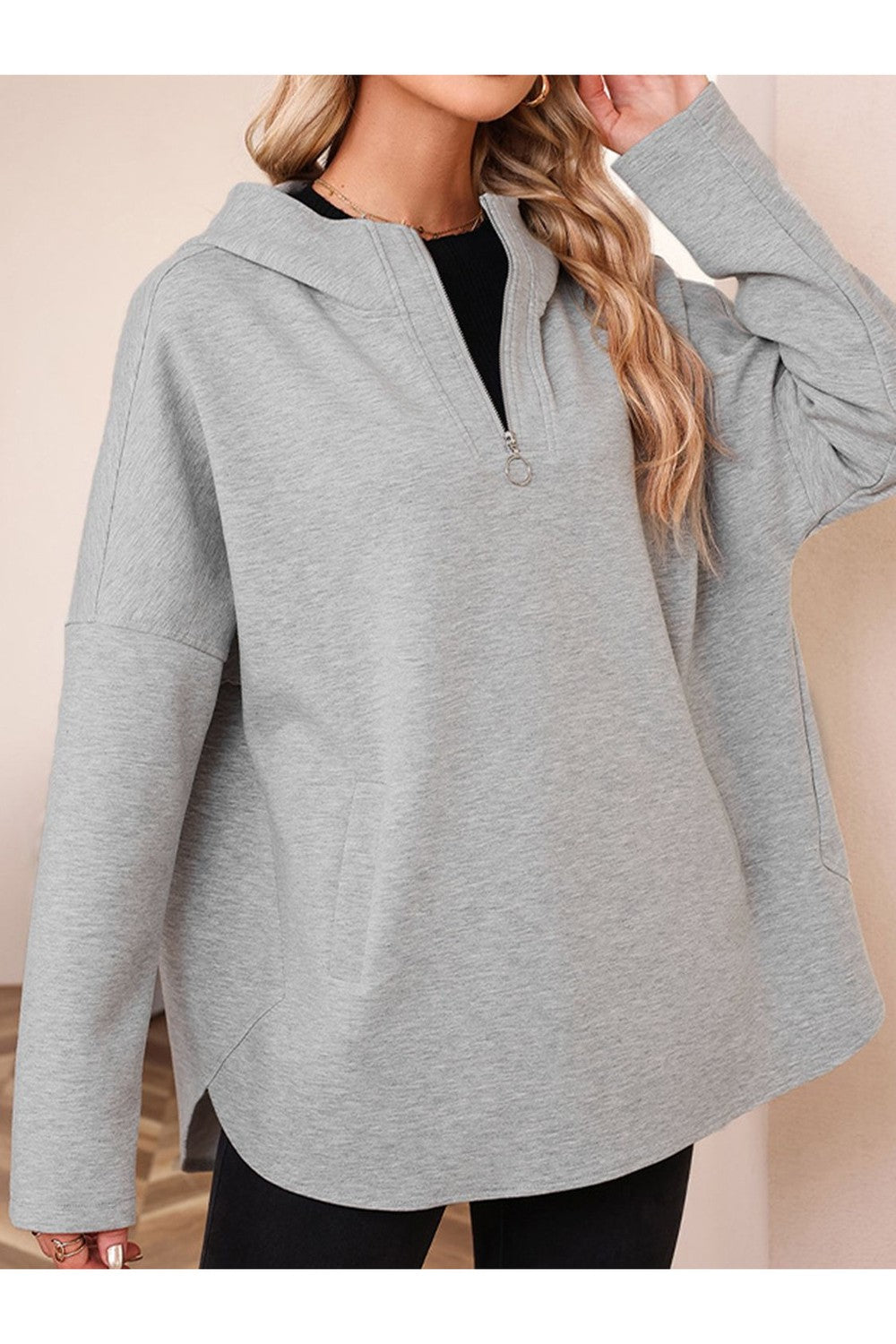 Quarter Zip Long Sleeve Hoodie - Sweatshirts & Hoodies - FITGGINS