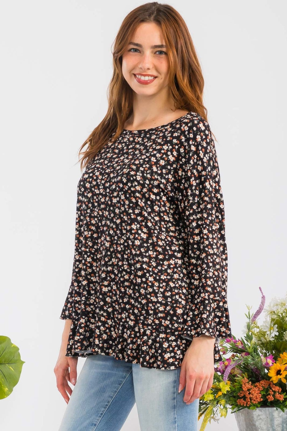 Celeste Full Size Floral Ruffle Detail Top - Shirts - FITGGINS