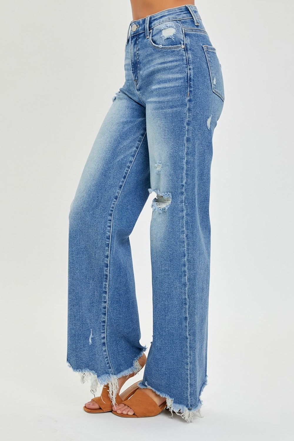 RISEN Full Size High Rise Frayed Hem Wide Leg Jeans - Jeans - FITGGINS