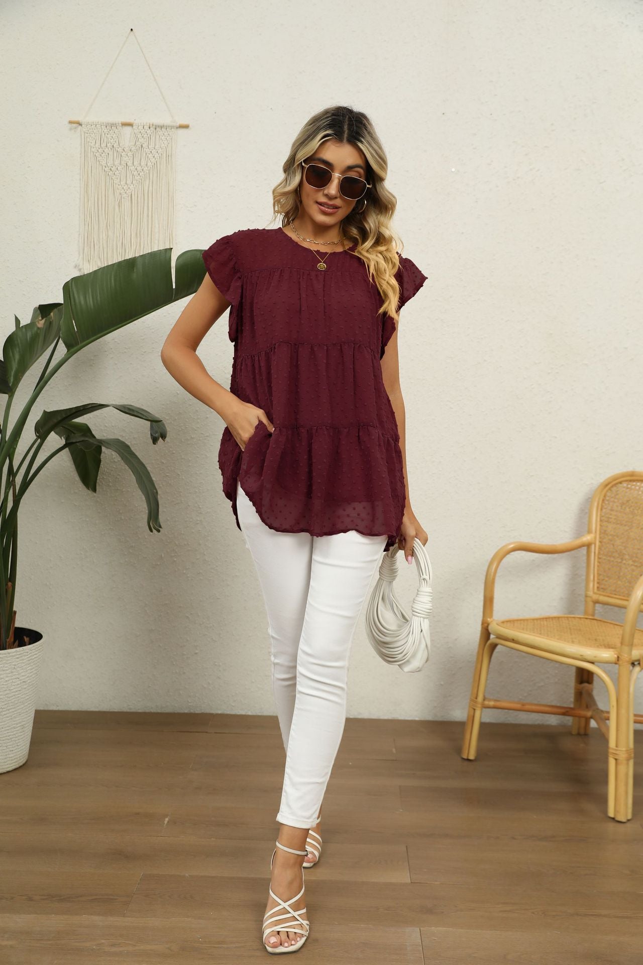 Swiss Dot Round Neck Tiered Blouse Fitggins