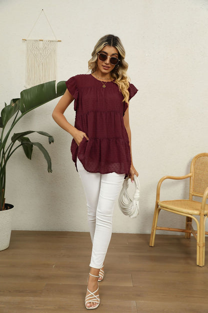 Swiss Dot Round Neck Tiered Blouse Fitggins